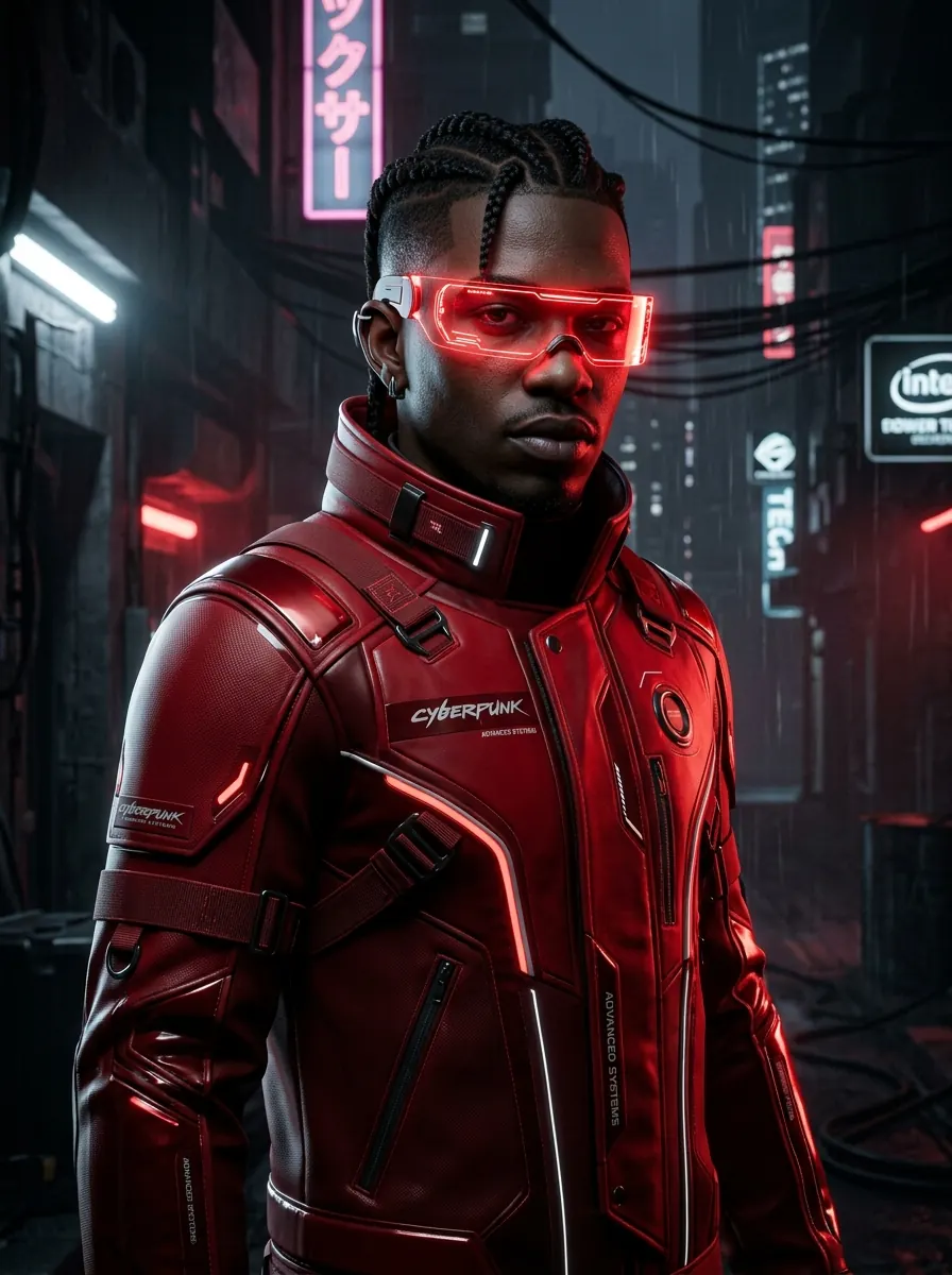 TKE Graphics character in a red outfit with futuristic glasses